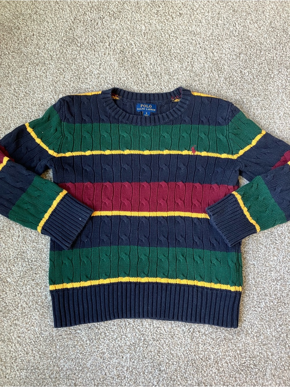 Vintage Polo by Ralph Lauren Navy Green Maroon Cable-Knit Stripe Crewneck